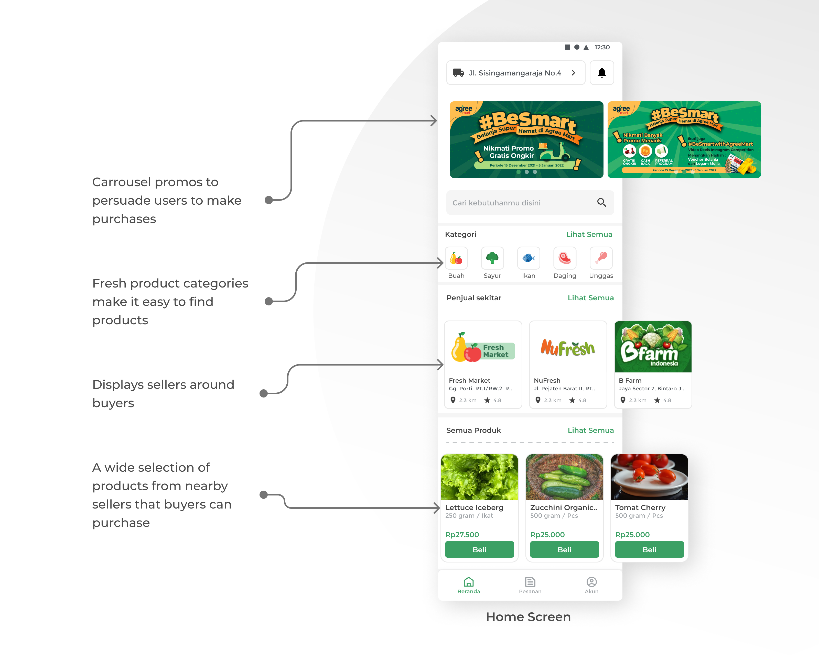 Agree Mart Home Screen — carousel promotions, fresh product category icons, nearby seller listings (Fresh Market, NuFresh, B Farm), and all-products grid with buy buttons