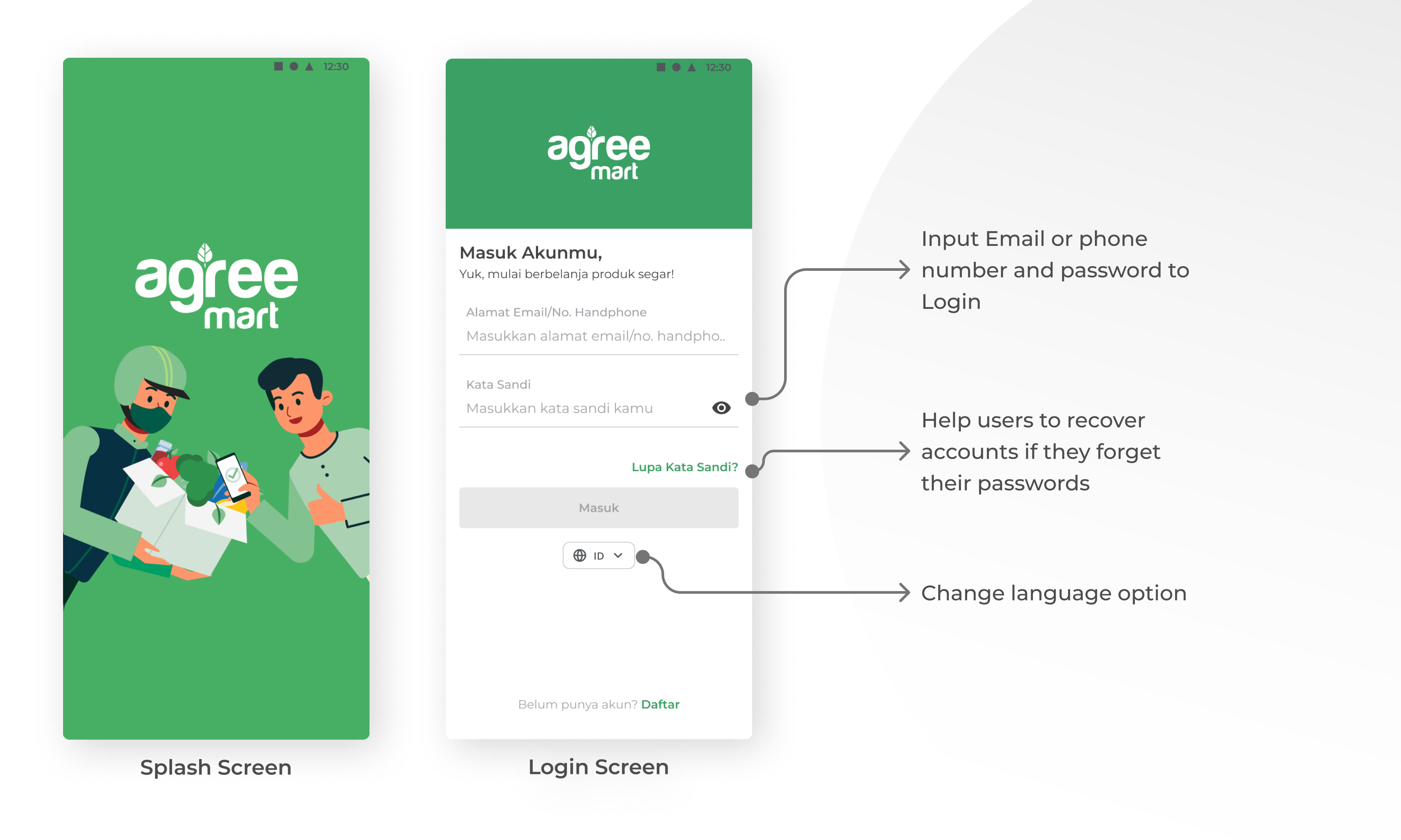 Agree Mart Splash Screen and Login Screen — showing brand illustration, email/phone authentication, password recovery, and language toggle