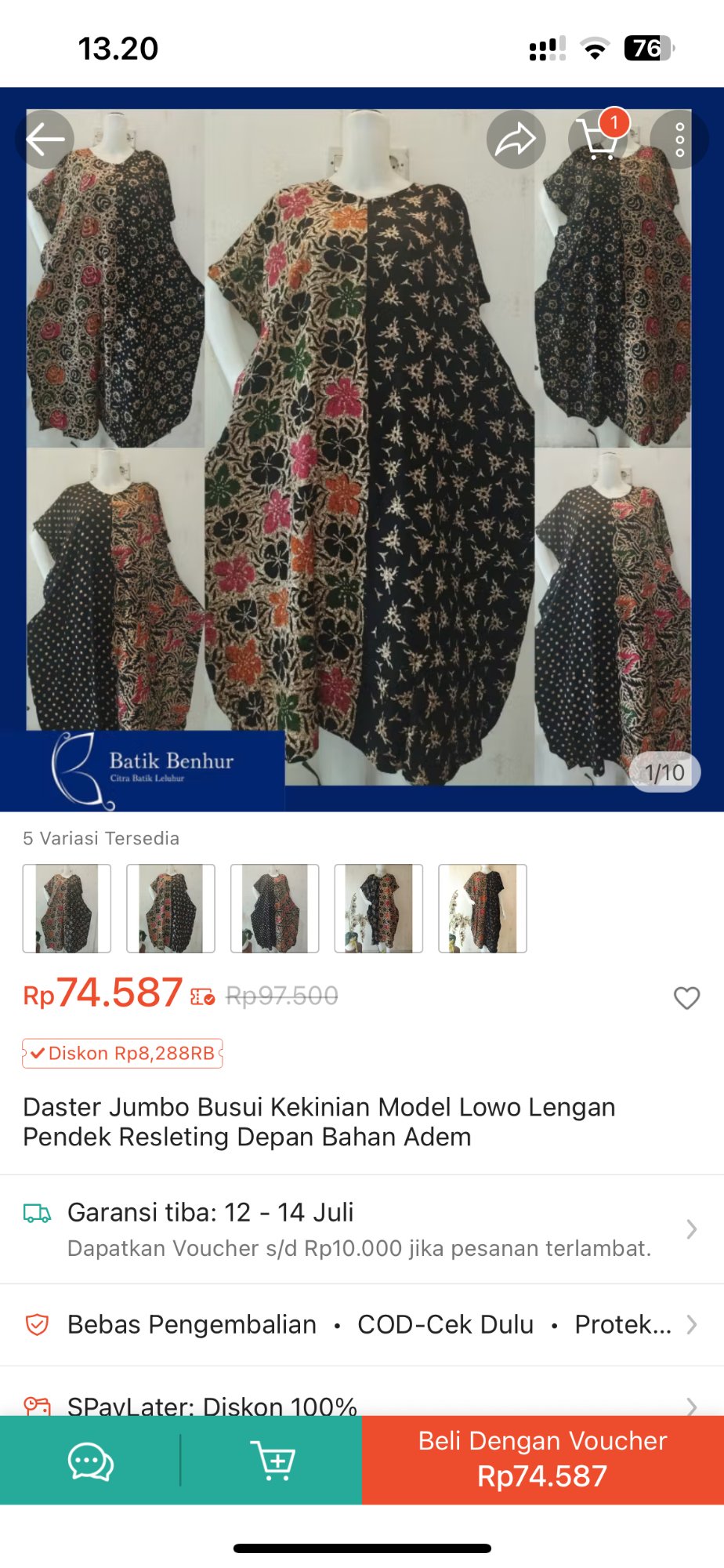 Batik Benhur Shopee PDP before optimization — mannequin photography